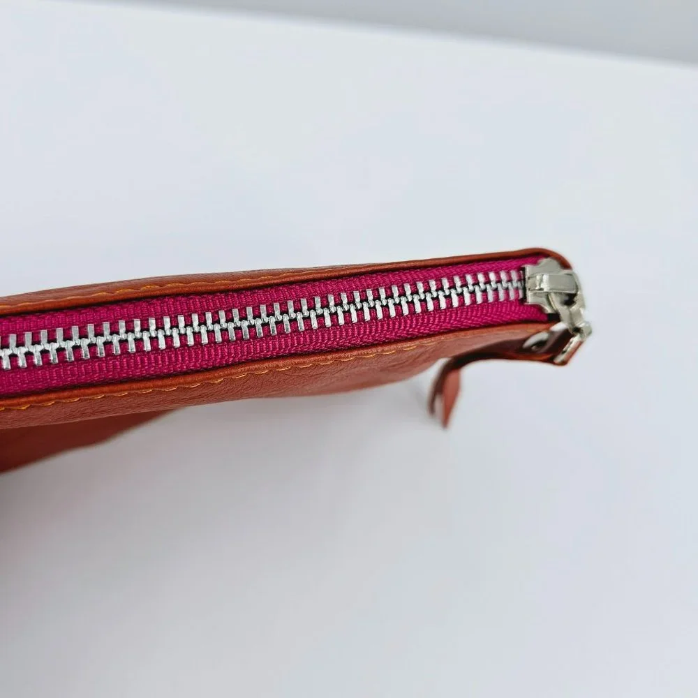 Talula De La Lune Leather Wristlet Camel Brown Fringe Trim Pink Zip Top Plaid